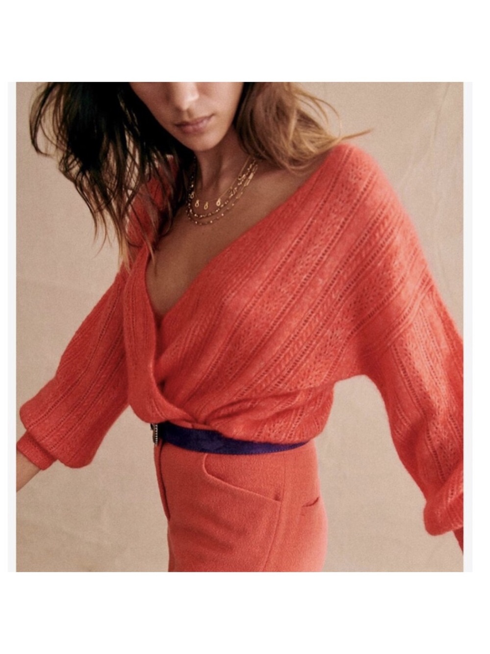 Sézane Pull Cristina Orange Sanguine Wrap V-Neck Sweater in XL NWT wool mohair